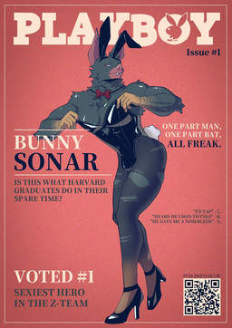 anthro bow_tie bulge clothed clothing crossdressing fake_ears fake_rabbit_ears femboy footwear fur grey_body grey_fur high_heels leggings legwear male muscular muscular_anthro muscular_male pecs playboy_bunny playboy_outfit qr_code shoes solo text torn_clothing torn_leggings torn_legwear the_lycander dispatch sonar_(dispatch) bat mammal cover english_text hi_res magazine_cover