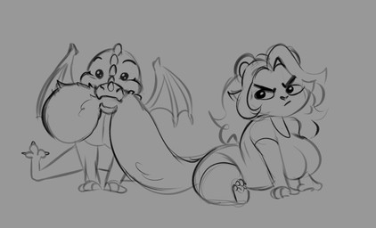 anthro bottomwear clothed clothing duo female front_view grumpy membrane_(anatomy) membranous_wings mouth_closed shirt shorts side_view simple_background simple_eyes sitting t-shirt topwear wings tiggybloom mythology marzipan_(tiggybloom) dragon felid mammal mythological_creature mythological_scalie scalie hi_res monochrome sketch