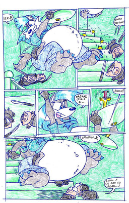 anthro belly big_belly blue_clothing blue_hair blue_shirt blue_topwear clothing dialogue female group hair inside overweight shirt speech_bubble stairs text topwear trio virus-20 wendy_wolf_(virus-20) canid canine canis domestic_pig mammal suid suine sus_(pig) wolf 2007 comic traditional_media_(artwork)