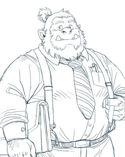 belly big_belly bottomwear clothing humanoid_hands kemono male necktie overweight overweight_male pants shirt simple_background solo suspenders topwear hoggan humanoid orc 2022 hi_res