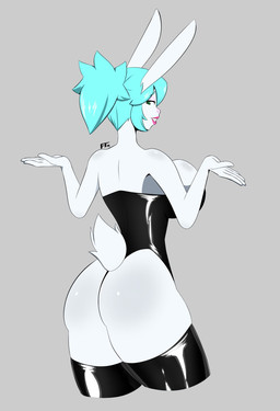 anthro big_breasts breasts butt clothing female hair latex legwear solo stockings frowntown hare lagomorph leporid mammal rabbit hi_res