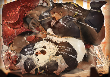anal anal_penetration anthro anthro_on_anthro anus arm_hair asian_clothing ass_up barazoku belly big_belly big_butt big_muscles black_body black_fur blush bodily_fluids body_blush body_hair bracelet brown_body brown_fur butt butt_blush clothing cum cum_pooling cum_while_penetrated cumshot deep_rimming digit_ring drooling duo east_asian_clothing ejaculation erection excessive_cum excessive_genital_fluids eye_roll eye_scar eyewear eyewear_only facial_scar finger_ring fundoshi fundoshi_pull fur genital_fluids genitals glans glasses glasses_only gold_(metal) gold_jewelry gold_necklace hairy humanoid_genitalia humanoid_penis impregnation_kink internal internal_anal internal_rimming japanese_clothing jewelry long_tongue looking_pleasured male male/male male_rimming_male manly multicolored_body multicolored_fur muscular musk musky_butt necklace nude onomatopoeia oral overweight overweight_anthro overweight_male penetration penis prostate prostate_orgasm prostate_stimulation rimmed_silly rimming saliva saliva_on_anus scar sex small_glasses smoke smoke_from_nose sound_effects spiked_bracelet spikes text tongue tongue_penetration two_tone_body two_tone_fur underwear wearing_glasses white_body white_fur retsito mihoyo zenless_zone_zero ben_bigger pan_yinhu bear brown_bear giant_panda mammal ursine english_text hi_res