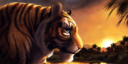 black_body black_fur black_stripes blue_eyes cloud feral fur lake male orange_body orange_fur outside plant quadruped sky solo striped_body striped_fur stripes sunset tree water whiskers white_body white_fur dream_and_nightmare felid mammal pantherine tiger 2023 2:1 digital_media_(artwork) hi_res