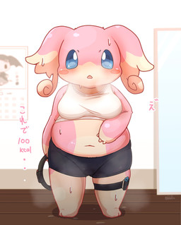 anthro blue_eyes bodily_fluids breasts breath controller female fur game_controller navel nintendo_controller open_mouth overweight overweight_female pink_body pink_ears pink_fur pokemorph slightly_chubby slightly_chubby_female solo sweat sweatdrop tan_body tan_fur text training_bra training_pants weight_conscious mei_(artist) nintendo pokemon audino generation_5_pokemon pokemon_(species) 2023 absurd_res hi_res japanese_text