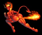 big_breasts big_butt breasts butt fart female fire fire_fart flaming_hair food horn hot_dog muscular muscular_female muscular_humanoid not_furry nude pseudo_hair side_boob simple_background solo tail transparent_background demien demon humanoid alpha_channel low_res