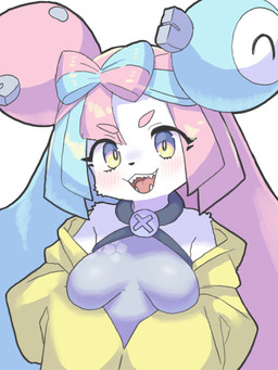 accessory anthro bangs blue_eyes blue_hair blush blush_lines bodysuit breasts clothing eyebrows fangs female front_view fur grey_clothing hair hair_accessory hair_ribbon hairclip hoodie long_hair medium_breasts multicolored_eyes multicolored_hair oversized_clothing oversized_hoodie oversized_topwear pink_eyebrows pink_hair ribbons simple_background skinsuit smile smiling_at_viewer solo teeth tight_clothing topwear two_tone_hair white_background white_body white_fur yellow_clothing yellow_eyes yellow_hoodie yellow_topwear neko_t_chan nintendo pokemon iono_(pokemon) canid canine canis domestic_dog generation_1_pokemon magnemite mammal pokemon_(species) 2025 3:4 half-length_portrait hi_res portrait