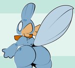 anthro big_butt blue_body butt female freckles nude rear_view scarf smile solo tail thick_thighs white_eyes 1upgobbo nintendo pokemon mabel_(1upgobbo) generation_3_pokemon mudkip pokemon_(species) hi_res