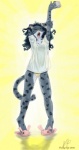 animal_slippers anthro beverage bunny_slippers clothing coffee female food footwear open_mouth shirt shoes slippers solo stretching tail topwear underwear waking_up yawn flying-fur domestic_cat felid feline felis mammal