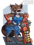 anthro armor blue_clothing brown_body brown_fur brown_hair claws clothed clothing crossgender ear_piercing ear_ring facial_markings female fluffy fluffy_tail fully_clothed fur gauntlets gloves gun hair hand_on_hip handwear head_markings large_weapon markings mask_(marking) mtf_crossgender piercing ranged_weapon red_eyes ring_piercing solo spiked_gauntlets tail toe_claws topwear vest weapon whiskers meltgar guardians_of_the_galaxy marvel rocket_raccoon mammal procyonid raccoon absurd_res hi_res