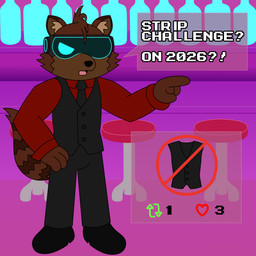 anthro bar bottle bottomwear brown_body brown_fur chair clothed clothing container footwear fur furniture gesture hand_gesture male markings necktie pants pointing red_clothing red_shirt red_topwear shirt shoes solo striped_markings striped_tail stripes table tail tail_markings topwear vest visor reggie_rakun reggie_rakun_(character) mammal procyonid raccoon 1:1 absurd_res hi_res