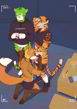 4_toes 5_fingers anthro barefoot beverage bodily_fluids bottomwear bottomwear_down camera_overlay clothed clothed_anthro clothed_male clothed_sex clothing container cuckold cum cup digit_ring dipstick_tail ear_piercing ear_ring electronics eyes_closed feet fellatio fingers footwear furniture genital_fluids genitals glass glass_container glass_cup group hair hand_behind_neck hand_on_head handjob_while_sucking hoodie humanoid_genitalia humanoid_penis interspecies jersey jewelry looking_at_another looking_at_partner male male/male male_anthro markings oral pants pants_down partially_clothed pawpads penile penis phone piercing recording recording_symbol recording_video ring ring_piercing sex shirt shoes shorts shorts_down socks sweat sweatdrop table tail tail_markings text toes topwear trio wedding_ring snofu cantares little_the_foxy canid canine felid fox mammal pantherine tiger 2026 flat_colors hi_res