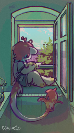 ambiguous_gender anthro building clothed clothing container cup detailed_background fully_clothed hair horn house kitchen knee_pulled_up leg_tuft looking_forward looking_out_window looking_outside mug music pink_hair plant shaded_sketch side_view sitting sky solo tail tail_tuft toony tree tuft white_body window tsuweto mythology june_(tsuweto) equid equine mammal mythological_creature mythological_equine unicorn 2026 9:16 animated background_music clip_studio_paint_(artwork) digital_drawing_(artwork) digital_media_(artwork) hi_res long_playtime sketch sound subtle_animation video wallpaper widescreen male_(lore)