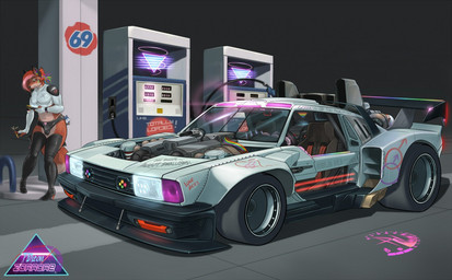 5_fingers anthro black_nose boots bulge car clothed clothing crossdressing cyberpunk femboy fingers footwear future industrial latex legwear male retro shoes smile solo synthwave thigh_boots thigh_highs vehicle zorro_re zorro_re_(character) canid canine fox mammal 2017