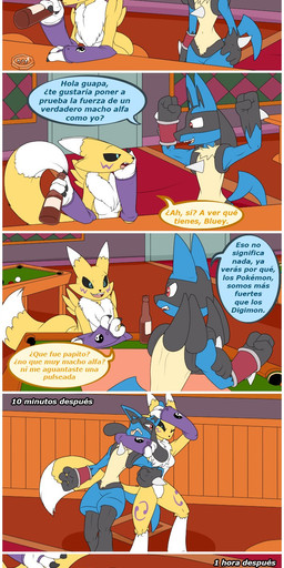 alcohol annoyed anthro arm_grab arm_tuft armwear arrogant athletic battle beer beverage big_butt billiard_table black_body black_claws black_fur black_nose black_sclera blood blue_body blue_eyes blue_fur bodily_fluids breasts bridal_gauntlets bruised bruised_eye butt carpet cheek_tuft chest_tuft cigarette claws clothing cocky countershade_torso countershading crying curvy_figure defeated dialogue door drinking duo ear_grab facial_markings facial_tuft fangs female fist fluffy fluffy_tail frown fur furniture head_markings inside kiss_mark larger_female leg_markings logo long_ears long_tail looking_at_another looking_back looking_down looking_up lying male markings mask_(marking) mega_stone muscular muscular_female muscular_male neck_grab neck_tuft number on_front open_mouth pain paper phone_number purple_body purple_clothing purple_fur red_eyes sad scratches shoulder_tuft size_difference smaller_male smile speech_bubble spikes table tail tan_body tan_fur tavern tears teeth text thick_thighs thigh_markings tomoe_(symbol) tongue tongue_out tuft walking white_body white_countershading white_fur wide_hips window wood wounded wrestling yellow_body yellow_fur yin_yang lolpuny87 bandai_namco digimon nintendo pokemon digimon_(species) generation_4_pokemon lucario pokemon_(species) renamon artist_logo artist_name comic crossover dated hi_res shaded spanish_text translation_request