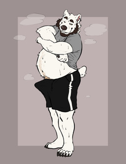 anthro beard belly blonde_hair brown_hair clothed clothing clothing_lift ear_piercing ear_ring erection erection_under_clothing facial_hair fur hair looking_at_viewer male male_anthro one_eye_closed orange_eyes overweight overweight_anthro overweight_male piercing ring_piercing shirt shirt_lift simple_background smile solo standing tail teeth tenting topwear white_body white_fur labradorszn bear mammal polar_bear ursine 2023 hi_res