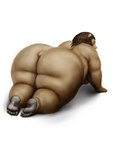 all_fours anthro big_breasts big_butt breasts brown_body brown_fur brown_hair butt feet female fur hair huge_butt huge_hips huge_thighs larger_female looking_at_viewer looking_back looking_back_at_viewer nude obese obese_anthro obese_female on_ground overweight overweight_anthro overweight_female pawpads presenting presenting_hindquarters size_difference solo thick_thighs wide_hips meanybeany bear mammal ursine 3:4 hi_res