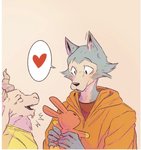 2020 anthro beastars canid canine canis cheek_tuft comic duo eden_fries eyes_closed facial_tuft fur heart_symbol hi_res holding_object holding_plushie legoshi_(beastars) male mammal open_mouth open_smile plushie simple_background smile tuft wolf