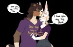 anthro big_ears brown_body brown_fur brown_hair clothed clothing dialogue duo ear_piercing ear_ring female fully_clothed fur hair happy humor i_love_you inner_ear_fluff innuendo kissing love male male/female piercing pun ring_piercing romantic romantic_couple shirt simple_background speech_bubble t-shirt tan_body tan_fur text text_on_clothing text_on_shirt text_on_topwear topwear transparent_background tuft kittydee i'm_full_of_cum meme_clothing small_packages_(meme) asher_hayden canid canine canis domestic_dog fennec_fox fox mammal true_fox 2023 alpha_channel english_text meme