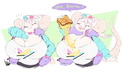 3d_glasses anthro big_breasts breasts cleavage cleavage_storage clothed clothing dialogue ellipsis eyewear eyewear_on_head female food fur glasses glasses_on_head grilled_cheese hair half-closed_eyes huge_breasts humor hyper narrowed_eyes open_mouth open_smile pink_body pink_hair pink_skin sandwich_(food) shirt smile solo speech_bubble t-shirt text topwear white_body white_fur winter_jacket dullvivid kimberly_(dullvivid) mammal mouse mousemallow murid murine rodent english_text hi_res