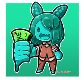 barefoot border brown_clothing brown_shirt brown_topwear chibi clothing dot_eyes eyelashes feet female freckled_face freckles gradient_background green_background green_body green_hair hair holding_object open_mouth outline shirt simple_background simple_eyes smile solo standing topwear white_border white_outline morbidlycutecrunch invei_(kurbii) goo_creature goo_humanoid humanoid absurd_res hi_res