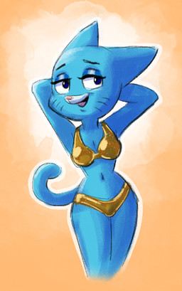 anthro bikini blue_body blue_fur clothing female fur gold_bikini hands_behind_head looking_at_viewer mature_female navel smile solo standing swimwear two-piece_swimsuit latebun cartoon_network golden_week the_amazing_world_of_gumball nicole_watterson domestic_cat felid feline felis mammal