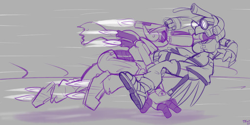 4_fingers accessory action_scene anthro big_breasts bottomwear breasts clothed clothing cybernetics duo exhaust_pipe eyewear feathers female fingers goggles headband horizontal_pupils jacket kerchief machine male open_clothing open_jacket open_topwear pants pupils robot_eyes side_view tail tail_feathers topwear felino felibot lumi_(felino) avian bird corvid corvus_(genus) crow cyborg humanoid oscine passerine robot 2025 hi_res restricted_palette sketch
