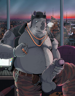 anthro balls belly belly_hair belt big_belly big_penis blue_eyes bodily_fluids body_hair bottomwear chest_hair city city_background clothing erection foreskin genital_fluids genitals grey_body grey_skin hairy_balls horn jacket jewelry male masturbation musclegut muscular muscular_arms muscular_male navel necklace nipple_fetish nipple_pinch nipple_play nipples open_belt overweight overweight_male pants penis penis_poking_out pinch precum pubes ring solo steamy_breath tattoo topwear unzipped unzipped_pants vein veiny_penis zipper grondraws teenage_mutant_ninja_turtles rocksteady mammal rhinoceros hi_res