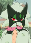 breast_play breasts female fur green_body green_fur grey_nipples nipples red_eyes sex titfuck kamino1 nintendo pokemon generation_9_pokemon meowscarada pokemon_(species) hi_res