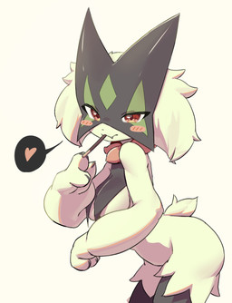 3_fingers anthro blush blush_lines breast_curtains breasts claws cute_fangs fangs female female_anthro finger_claws fingers flower_(anatomy) food fur green_body green_fur green_tail heart_symbol mask medium_breasts pocky_in_mouth simple_background solo tail teeth white_background rokroc205 nintendo pocky pokemon generation_9_pokemon meowscarada pokemon_(species) 2026 hi_res