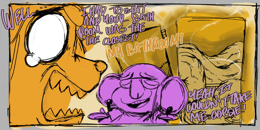 anthro bodily_fluids dialogue duo excessive_feces eyes_closed feces female gesture hyper hyper_feces male nonchalant sharp_teeth shocked shrug smelly stink_fumes tears teeth text crimson_2020 carrie_(red_stink) canid canine canis domestic_dog koala mammal marsupial vombatiform 2025 comic english_text hi_res