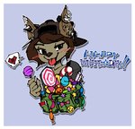 anthro border candy clothing dessert female food heart_symbol holidays solo white_border pipepo cha_hieun canid canine canis domestic_dog mammal aliasing digital_media_(artwork)