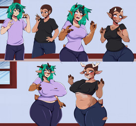 anthro antlers belly big_breasts blush bodily_fluids bottomwear breast_growth breasts brown_body brown_fur clothing duo female female/female figurine fur gender_transformation green_hair growth hair horn huge_breasts humanoid_hands light_body light_skin male medium_hair mtf_transformation navel nipple_outline pants shirt short_hair slightly_chubby slightly_chubby_anthro slightly_chubby_female species_transformation sweat sweatdrop t-shirt topwear torn_bottomwear torn_clothing torn_pants transformation transformation_sequence danilokumriolu deer human mammal new_world_deer reindeer 2025 digital_drawing_(artwork) digital_media_(artwork) english_description hi_res