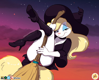 4_fingers alternate_costume anthro bedroom_eyes big_tail biped black_boots black_choker black_claws black_clothing black_footwear black_hat black_headwear black_jewelry black_necklace black_topwear blonde_hair blue_eyeshadow boots bottomwear breasts broom butt cheek_tuft choker claws cleaning_tool cleavage clothed clothing dress exposure_variation eyelashes eyeshadow facial_tuft female fingers flying footwear fur hair hashtag hat headgear headwear high_heeled_boots high_heels jewelry knee_boots knee_highs legwear looking_at_viewer makeup narrowed_eyes necklace panties pattern_bottomwear pattern_clothing pattern_panties pattern_underwear pink_nose presenting presenting_hindquarters seductive shoes sky solo star starry_sky striped_bottomwear striped_clothing striped_panties striped_underwear stripes sunset tail topwear tuft underwear upskirt white_body white_fur witch_costume witch_hat yellow_tail furboz animaniacs warner_brothers minerva_mink mammal mink mustelid musteline true_musteline 2020
