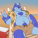 aloha_shirt anthro barazoku beach belly belly_hair belly_tuft biceps blue_hair body_hair brown_clothing brown_swimwear chest_hair clothed clothing cooler facial_tuft gesture hair hairy hand_gesture leaning leaning_backward leg_tuft looking_at_viewer male manly mature_male musclegut muscular muscular_arms muscular_legs muscular_thighs navel neck_tuft nipples one_eye_closed open_clothing open_shirt open_topwear outside pattern_clothing pattern_shirt pattern_topwear pecs pool_chair reclining shirt sitting slightly_chubby smile smiling_at_viewer solo swimwear topwear tuft v_sign wink winking_at_viewer naikuma bear mammal 2024 hi_res