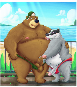 anthro balls beach belly big_balls big_belly big_penis border brown_body brown_fur clothing duo erection fur genitals glans grey_body grey_fur hat headgear headwear humanoid_genitalia humanoid_penis licking male male/male moobs nipple_fetish nipple_lick nipple_play nipples outside penis swimwear tongue vein veiny_penis white_body white_border white_fur 06betos11 dr._brumm badger bear mammal mustelid musteline 2026 absurd_res hi_res