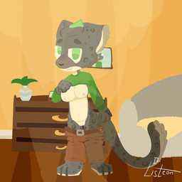 anthro bottomwear breasts brown_bottomwear brown_clothing brown_pants clothing female fur genitals green_clothing green_eyes green_sweater green_topwear grey_body grey_fur hair inside looking_at_viewer nipples nude pants smile solo sweater tail topwear vulva white_body white_fur listeon felid feline mammal pantherine snow_leopard 1:1 absurd_res digital_media_(artwork) hi_res