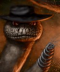 clothing feral gun hat headgear headwear looking_at_viewer machine_gun male ranged_weapon smoke solo weapon ian-exe nickelodeon rango_(movie) rattlesnake_jake pit_viper rattlesnake reptile scalie snake viper 2016 5:6 absurd_res hi_res