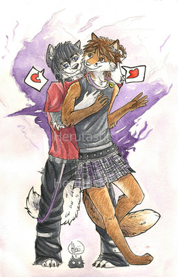anthro belt black_hair bottomwear brown_hair clothing duo femboy hair heart_symbol hug hugging_another hugging_from_behind love male pants red_clothing red_shirt red_t-shirt red_topwear saggy_pants shirt simple_background skirt smile smiling_at_another smiling_at_each_other t-shirt topwear herutastic canid canine canis domestic_cat domestic_dog felid feline felis fox husky mammal nordic_sled_dog spitz watermark