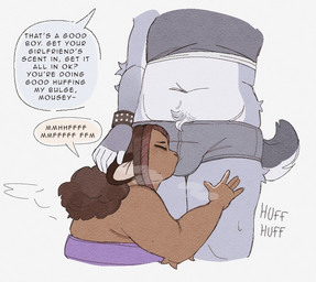 ambiguous_gender anthro anthro_on_anthro belly bottomwear bracelet bulge bulge_in_face bulge_sniffing clothing countershading crotch_sniffing duo enjoying eyes_closed face_in_crotch gynomorph gynomorph/ambiguous intersex intersex/ambiguous jewelry muffled_speech musk navel short_tail shorts sniffing speech_bubble t4t tail text wolfertinger hitch_(wolfertinger) hitomi_(wolfertinger) domestic_cat felid feline felis mammal mouse murid murine rodent 2025 english_text trans_(lore) trans_man_(lore) trans_woman_(lore)
