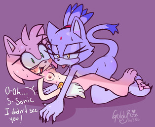 anthro blush bodily_fluids dialogue duo feet female female/female from_front_position lying missionary_position nipples nude nude_female on_back pawpads paws pink_body purple_body sex simple_background soles sweat sweatdrop sweaty_body text toes tongue tongue_out goldyrose22 sega sonic_the_hedgehog_(series) amy_rose blaze_the_cat eulipotyphlan felid feline hedgehog mammal english_text hi_res