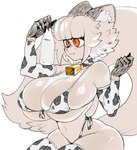 animal_print anthro big_breasts big_butt bikini blush blush_lines breasts butt clothing cow_print cowbell female fur hair huge_breasts huge_thighs milk navel orange_eyes simple_background sitting smile solo swimwear tail thick_thighs two-piece_swimsuit white_body white_fur white_hair wide_hips cibastion catmaid_(cibastion) domestic_cat felid feline felis mammal hi_res