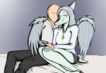 5_fingers amber_(gem) amber_(material) anthro bald blue_body bone_frill bottomwear breasts clothed clothing duo eyes_closed faceless_character faceless_human faceless_male feathered_wings feathers female fingers frill_(anatomy) grey_hair hair hand_holding hand_on_back human_on_anthro interspecies jewelry male male/female necklace pants pendant shirt short_tail shorts sitting smile snout tail topwear using_wings wing_hug wings crezz_crow cavemanon_studios goodbye_volcano_high snoot_game anon_(snoot_game) fang_(gvh) human mammal prehistoric_species pterodactylus pterosaur reptile scalie colored