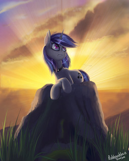 blue_hair collar cutie_mark day detailed_background eyelashes female feral hair hooves horn purple_eyes sky solo sun rublegun friendship_is_magic hasbro my_little_pony mythology vinyl_scratch_(mlp) equid equine mammal mythological_creature mythological_equine unicorn 2013
