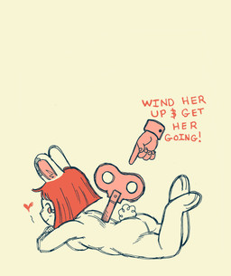 anthro barefoot biped breasts butt chibi command cotton_tail crossed_arms disembodied_hand eyelashes feet feet_up female gesture hair hand_gesture heart_symbol lying nude on_front pink_inner_ear pointing red_hair side_boob simple_background smile solo tan_background text wind-up_key bonnie_guerra lagomorph leporid mammal rabbit english_text hi_res