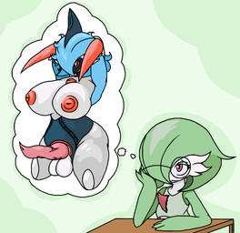 anthro balls big_breasts blush breasts cybernetics daydream embarrassed eyewear furniture genitals glasses green_hair gynomorph hair hand_on_face hand_on_head hands_behind_head heart_eyes heart_symbol intersex machine nipples non-mammal_balls non-mammal_breasts non-mammal_nipples penis screen screen_face solo table vein veiny_penis white_body somedutchweirdo nintendo pokemon cyborg future_pokemon gardevoir generation_3_pokemon generation_9_pokemon iron_valiant paradox_pokemon pokemon_(species) robot hi_res