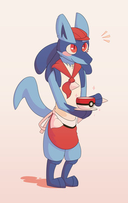 ambiguous_gender apron ascot blue_body blue_fur blush clothing container cup fur hat headgear headwear holding_container holding_cup holding_object long_tail red_eyes simple_background solo tail white_sclera yellow_body yellow_fur nekeithfox nintendo pokemon generation_4_pokemon humanoid lucario pokemon_(species) hi_res