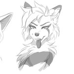 anthro duo ears_up eye_markings fluffy horn male markings muscular muscular_anthro muscular_male pupils sexy_eyes slit_pupils solo_focus tongue tongue_out ringstudios alex_mayhem canid canine demon fox hybrid mammal procyonid raccoon 1:1 hi_res monochrome