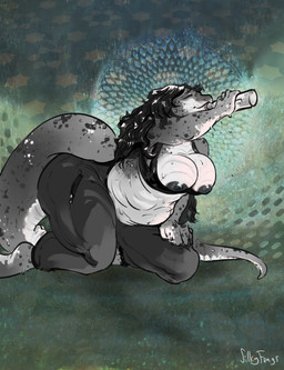 anthro belly big_belly big_breasts bodily_fluids bra breasts clothing dark_hair drinking drinking_water female hair long_hair nipple_slip nipples obese obese_anthro obese_female overweight overweight_anthro overweight_female solo sports_bra sweat underwear wavy_hair silkyfangs lamis_(cokotheschnoot) colubrid kingsnake lampropeltini reptile scalie snake absurd_res digital_media_(artwork) hi_res
