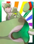 anthro blush bulge butt clothed clothing fur green_body green_eyes green_fur male pose rainbow solo tail underwear redrusker anthrocon domestic_cat felid feline felis mammal 2012 digital_media_(artwork) hi_res