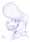 anthro big_ears chest_tuft collar eyebrows eyelashes female fur gold_(metal) gold_tooth looking_at_viewer pompadour pupils realistic sharp_teeth smile solo spiked_collar spikes spots teeth tuft unusual_pupils meatboom berry_smiles hyena mammal 2021 blue_and_white digital_media_(artwork) hi_res monochrome sketch